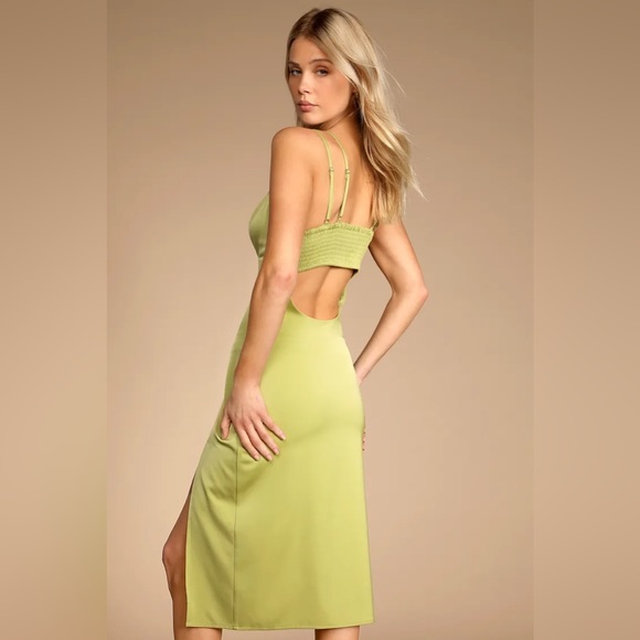 Chic Cocktail Hour Lime Green Satin Cutout Midi Dress - Picture 2 of 3